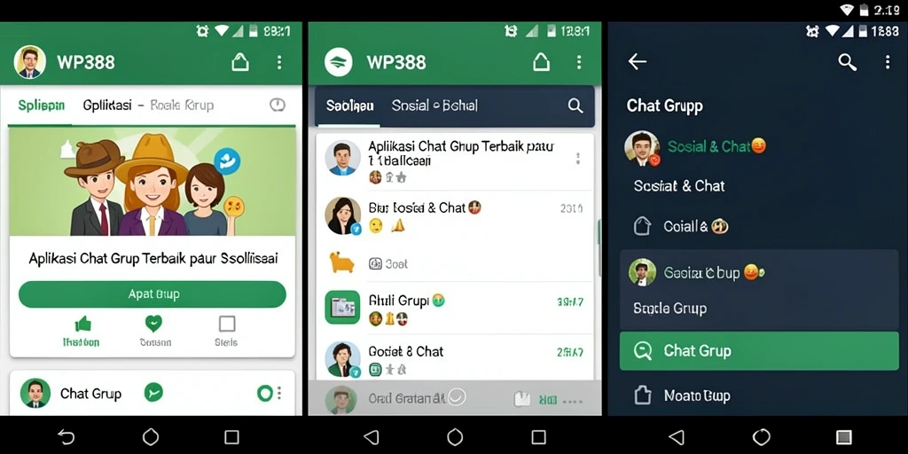 Antarmuka utama aplikasi WP888 dengan fitur Chat Grup yang interaktif.